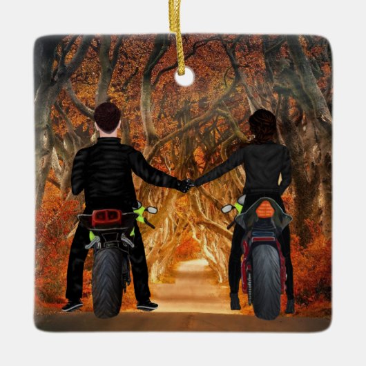 Motorfietsen herfst kerstparen keramisch ornament (Voorkant)