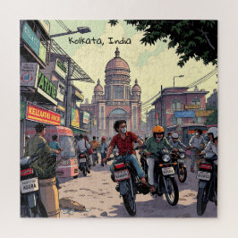 Motorfietsen in het centrum van Kolkata, India Legpuzzel