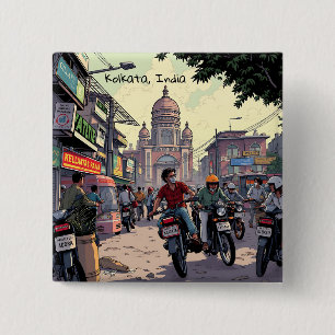Motorfietsen in het centrum van Kolkata, India Vierkante Button 5,1 Cm