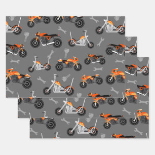 Motorfietspatroon Gift Biker Tools Grey Oranje Inpakpapier Vel