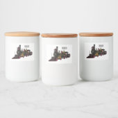 Motorlocomotief, afbeelding van cartoon voedselcontainer etiket (Flessen)