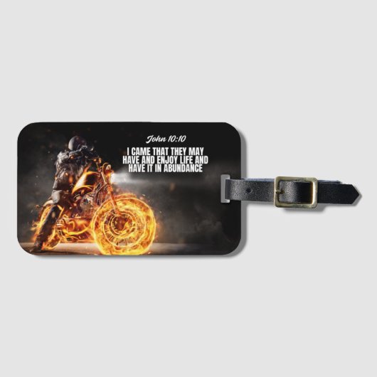 Motorrijder met vuur en Johannes 10:10 vers Bagagelabel (Voorkant (horizontaal))