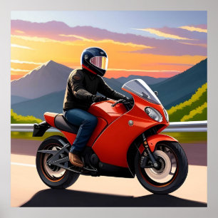 Motorrijder rijdt langs bergweg poster