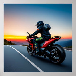 Motorrijder rijdt op Schilderachtig bergweg Poster