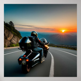 Motorrijder rijdt op Schilderachtig bergweg Poster