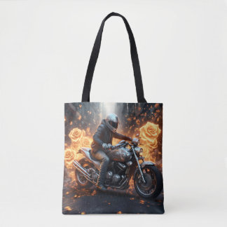 Motorrijder tussen de rozen tote bag