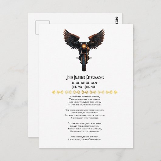 Motorrijders Herdenking Gedicht Briefkaart (Voorkant / Achterkant)