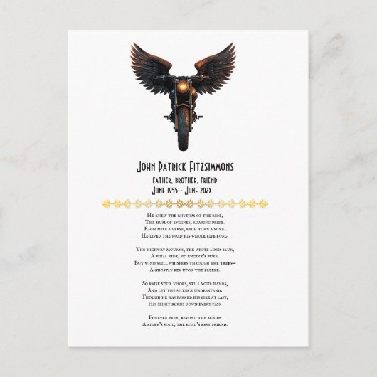 Motorrijders Herdenking Gedicht Briefkaart (Voorkant)
