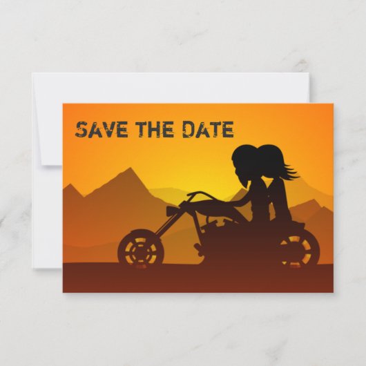 Motorrijwiel, bergen en zonneweduwen save the date (Voorkant)
