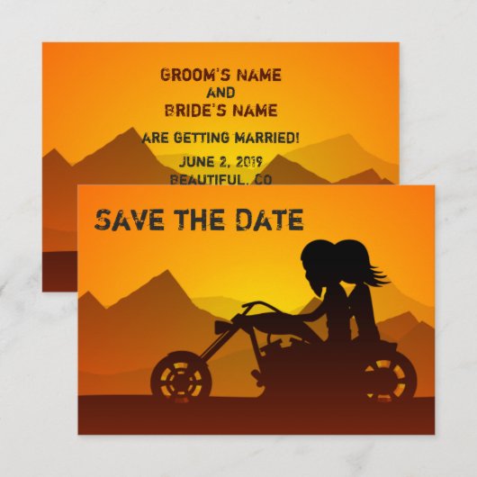 Motorrijwiel, bergen en zonneweduwen save the date (Voorkant / Achterkant)