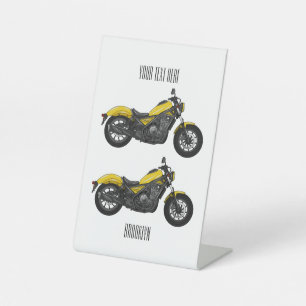 Motorrijwiel, cartoon reclamebord met voetstuk