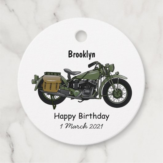 Motorrijwiel cartoon van militaire kruiser bedankjes labels (Voorkant)