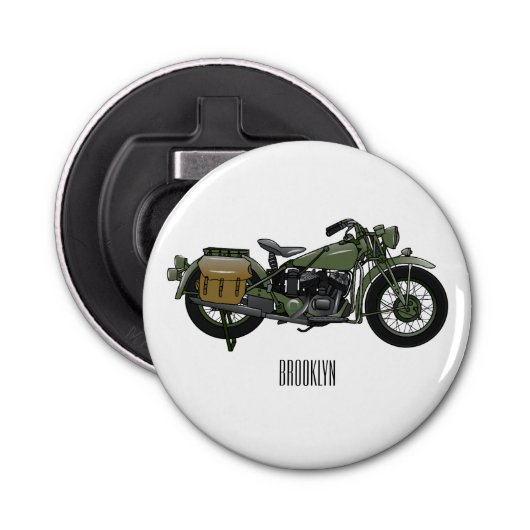Motorrijwiel cartoon van militaire kruiser button flesopener (Voorkant)