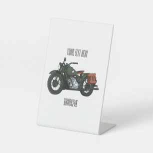 Motorrijwiel cartoon van militaire kruiser reclamebord met voetstuk