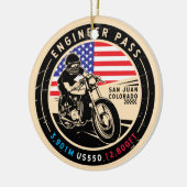 Motorrijwiel met motorrijtuigenpasser keramisch ornament (Links)