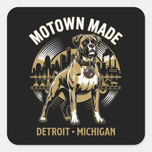 Motown Made Detroit Boxer Hond Arbeid & Muziek Tro Vierkante Sticker