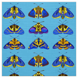 Motten in blauw, goudgeel en bruin stof