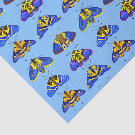 Motten in blauw, goudgeel en bruin tissuepapier (Detail)