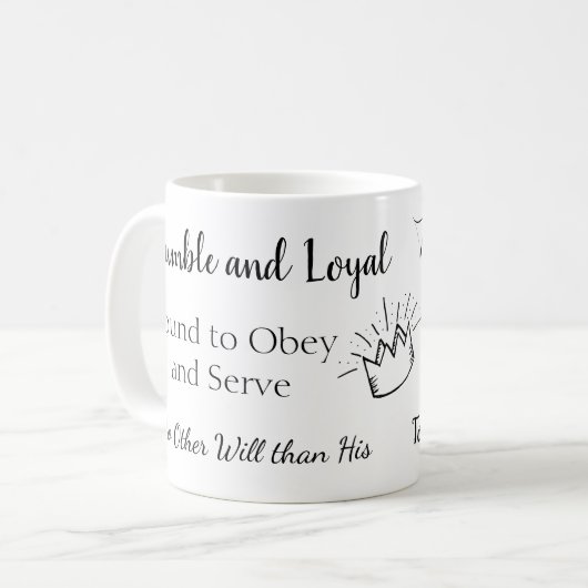 Motto's van de Six Tudor Queens op een Mok (Voorkant links)