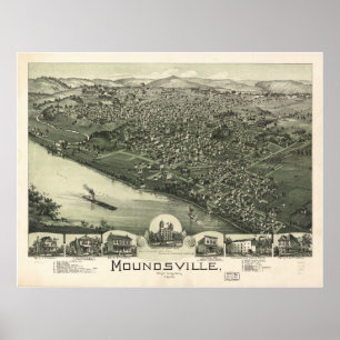 Moundsville W. Virginia 1899 Antiek Panoramic Map Poster