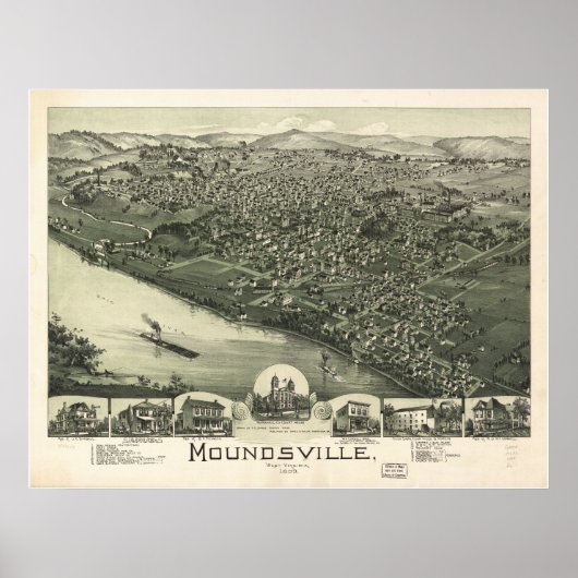 Moundsville W. Virginia 1899 Antiek Panoramic Map Poster (Voorkant)