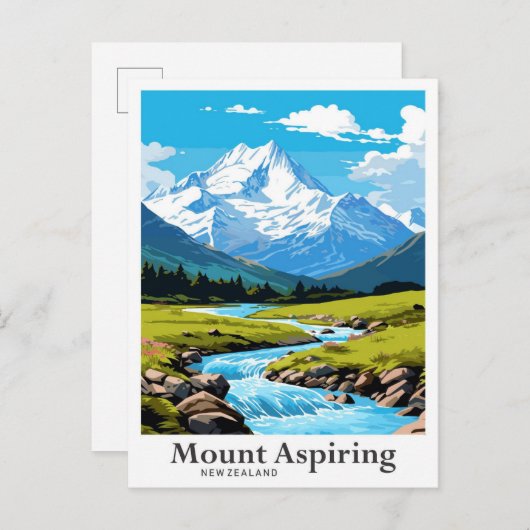 Mount Aspiring Nieuw-Zeeland Reis Illustratie Briefkaart (Voorkant / Achterkant)