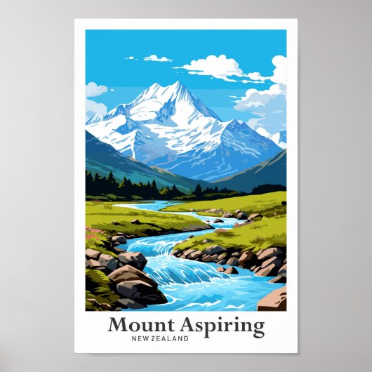 Mount Aspiring Nieuw-Zeeland Reis Illustratie Poster (Voorkant)