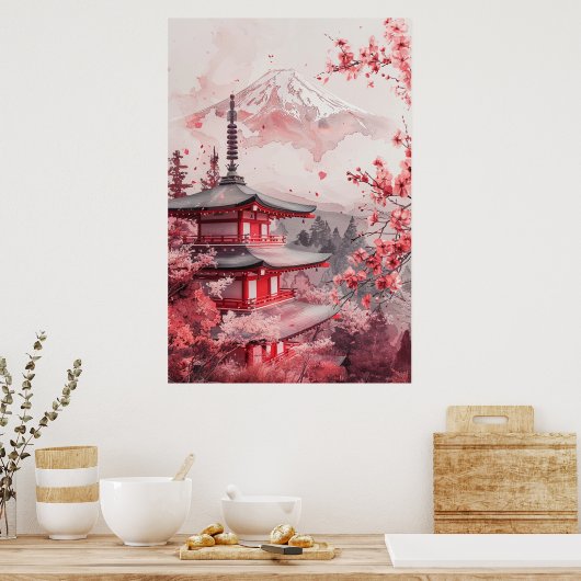 Mount Fuji and Pagoda – Classic Japanese Landscape Poster (Keuken)