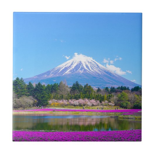 Mount Fuji Bomen en Bloemen Tegeltje (Voorkant)