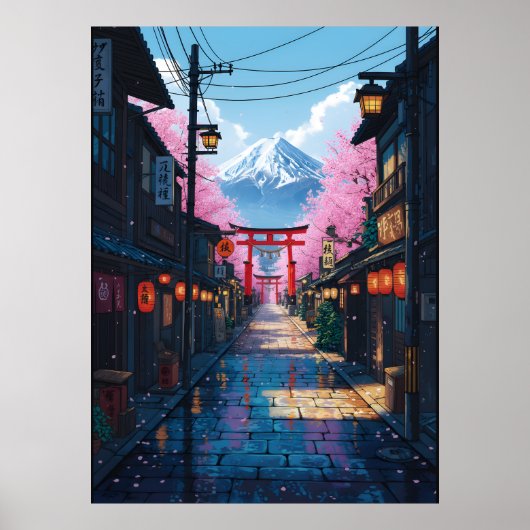 Mount Fuji Cherry Blossom Street Japanese Torii Poster (Voorkant)