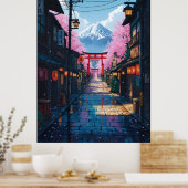 Mount Fuji Cherry Blossom Street Japanese Torii Poster (Keuken)