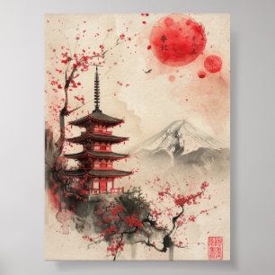 Mount Fuji en Pagode – Klassiek Japans Landschap Poster