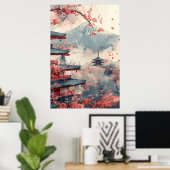 Mount Fuji en Pagode – Klassiek Japans Landschap Poster (Thuiskantoor)