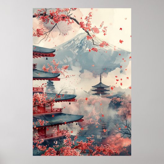 Mount Fuji en Pagode – Klassiek Japans Landschap Poster (Voorkant)