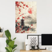 Mount Fuji en Pagode – Klassiek Japans Landschap Poster (Thuiskantoor)