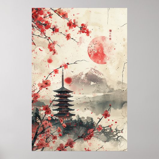 Mount Fuji en Pagode – Klassiek Japans Landschap Poster (Voorkant)