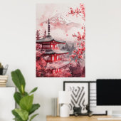 Mount Fuji en Pagode – Klassiek Japans Landschap Poster (Thuiskantoor)