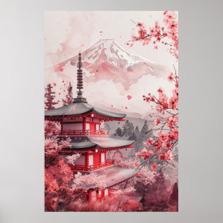 Mount Fuji en Pagode – Klassiek Japans Landschap Poster