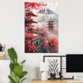Mount Fuji en Pagode – Klassiek Japans Landschap Poster (Thuiskantoor)