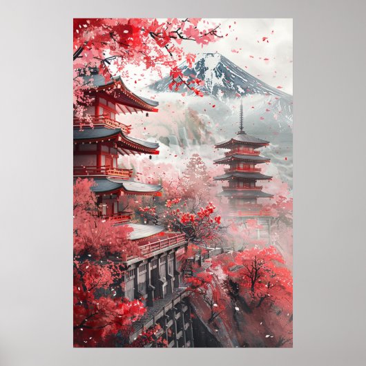 Mount Fuji en Pagode – Klassiek Japans Landschap Poster (Voorkant)