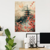 Mount Fuji en Pagode – Klassiek Japans Landschap Poster (Thuiskantoor)
