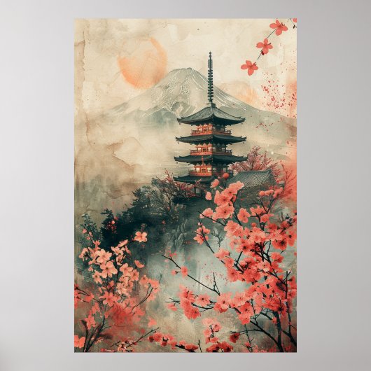 Mount Fuji en Pagode – Klassiek Japans Landschap Poster (Voorkant)