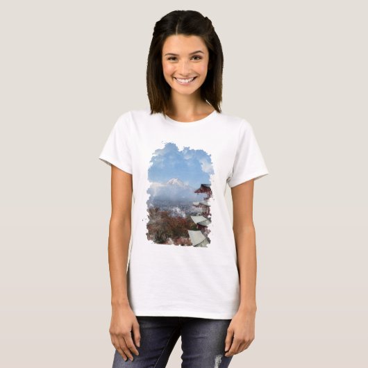 Mount Fuji Japan Waterverf Art T-Shirt (Voorkant volledig)