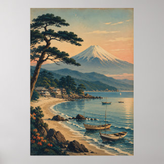 Mount Fuji Maanverlichte Strand Vintage Japans Lan Poster