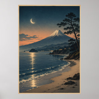 Mount Fuji Maanverlichte Strand Vintage Japans Lan Poster
