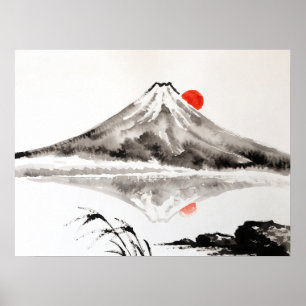 Mount Fuji-meerreflectie rode zon Sumi-e-inkt kuns Poster