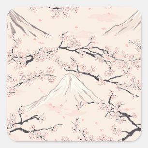 Mount Fuji met Kersenbloesems – Japans Vierkante Sticker