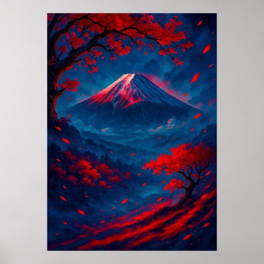Mount Fuji met rode bloesems Fantasy Japans Poster (Voorkant)