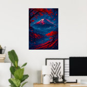 Mount Fuji met rode bloesems Fantasy Japans Poster (Thuiskantoor)