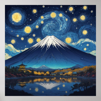mount fuji op sterrennacht poster